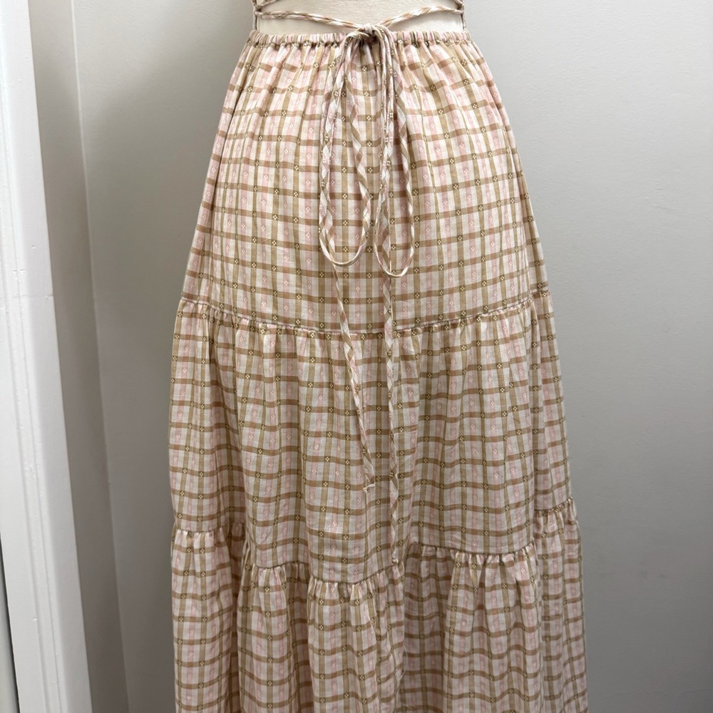 *SOLD*Christy Dawn Delphine Midi Tiered Sun Dress in Snapdragon Gingham Pink Tan - Picture 7 of 11